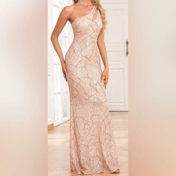 Rose Gold sequin one shoulder prom dress - Picture 1 of 4